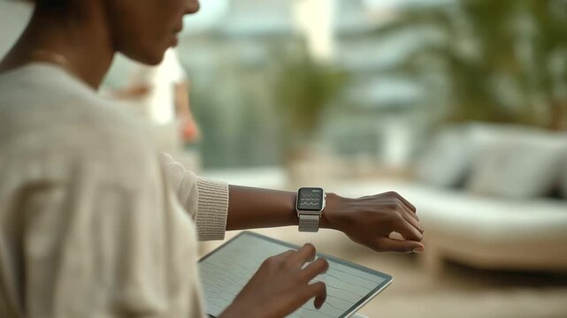 female patient wearing smartwatch streaming heart rate to therapist&rsquo;s tablet real time monitoring gentle buzz of device connected self care three quarter wide angle cinematic