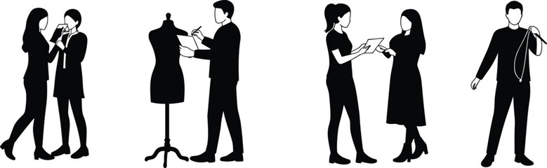 Fashion designers working with clients, taking measurements, sketching designs, tailoring clothes, teamwork in fashion studio, creative clothing design process