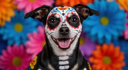 Cute happy chihuahua dog with colorful sugar skull makeup painting surrounded by bright flowers. Day of the Dead celebration in Mexico concept for festive holiday pet event. Dia de los Muertos
