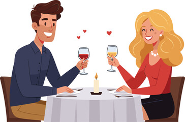 Romantic couple dinner illustration, candlelight date night, love celebration, lifestyle romance, cozy restaurant scene, cheerful people toasting wine glasses