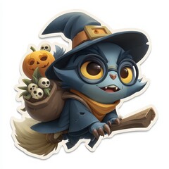 Fototapeta premium A young witch is riding a broomstick with a bag