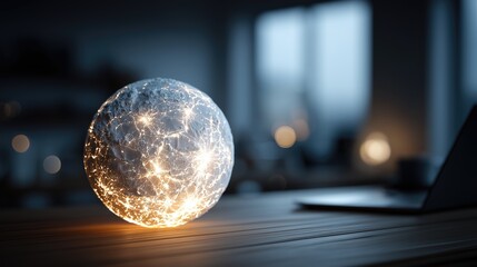 Glowing digital globe with network connections on wooden desk, concept of global communication, technology and innovation