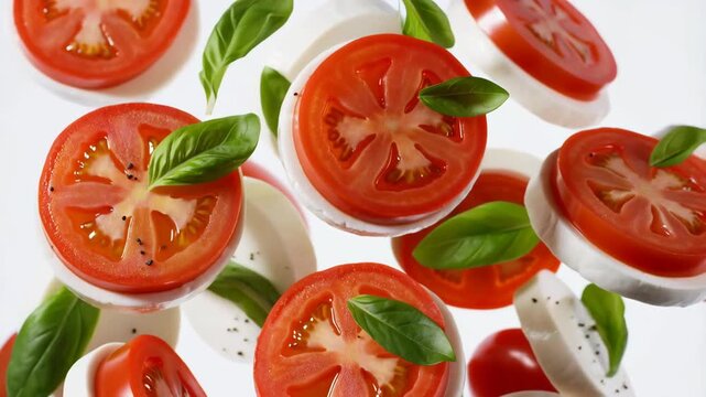 Caprese salad ingredients in motion, tomatoes, mozzarella, and basil