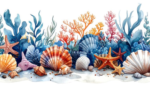 Aquatic watercolor border featuring shells and coral