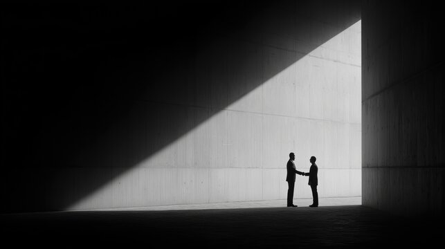 Two businessmen shaking hands in dramatic light and shadow, concept of partnership, agreement and trust in business