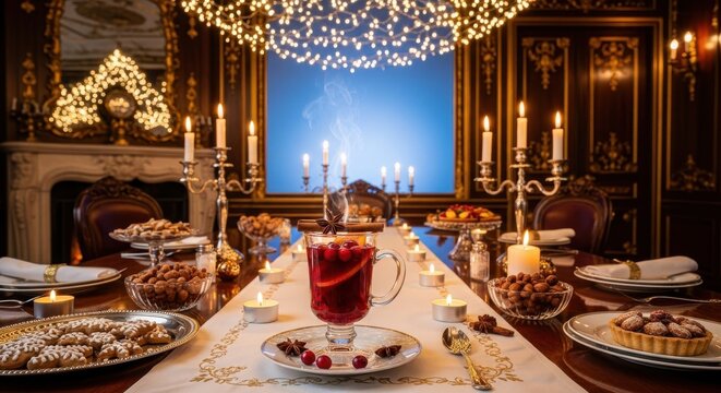 An opulent dining room table set for a festive holiday feast, adorned with glowing candles, sparkling lights, and a centerpiece of mulled wine, surrounded by an array of sweet treats and savory snacks - Powered by Adobe