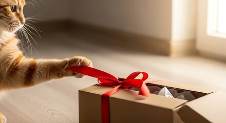 Curious orange cat unboxes a gift with red ribbon
