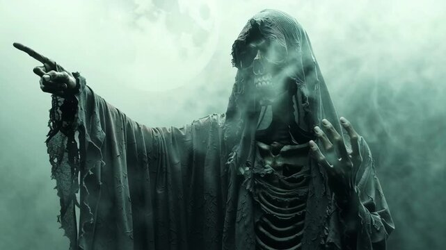 A skeleton of death against a foggy backdrop stares ahead, a portrait. Halloween. A skeleton covered in dried skin and dressed in a black cloak points ahead. A pirate ghost, a bad omen