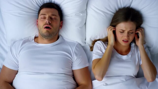 Man snoring loudly in bed while woman covers her ears