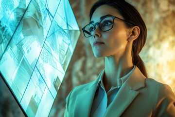 Focused woman in glasses analyzing complex architectural or urban planning data on a large, glowing blue display. Future tech professional.