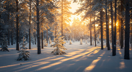 Golden Winter Forest Sunrise with Sunbeams