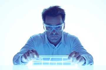 A man in futuristic goggles intensely interacts with a glowing, transparent holographic screen, engaging with advanced technology in a digital, scientific environment.