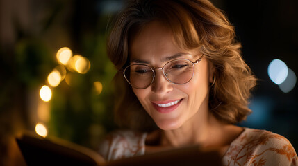 Senior woman in eyeglasses smiling while looking at photo album and remembering joyful family moments at home, under gentle ambient light, highlighting warm expression and cozy set