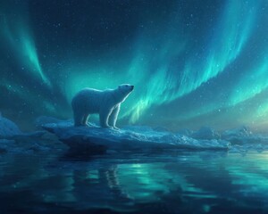 A polar bear standing on a small iceberg surrounded by water under a vibrant aurora borealis at night sky with stars, showcasing a serene arctic landscape.