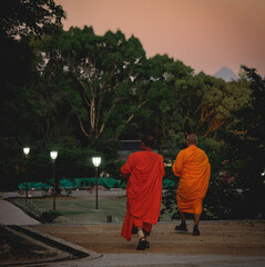 Thai monks walking in the garden of Himeji castle