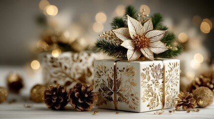 Elegant Christmas gift box, white and gold, representing festive appreciation and luxury