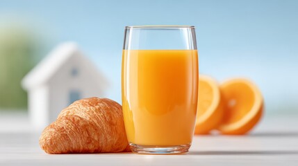 Fresh orange juice and croissant, orange, yellow, and white, representing breakfast and new beginnings