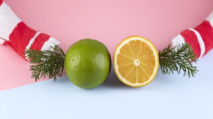  Festive lime and lemon with mittens and pine, pink and blue, representing Christmas and winter freshness