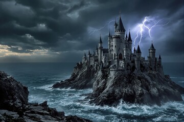 A stone castle with an illuminated tower sits atop a rocky island in a stormy sea under a dark cloudy sky. Lightning accents the dramatic architecture and landscape.