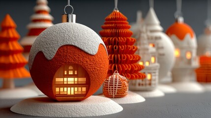 Festive Christmas ornament village, in orange, white, and grey, representing winter holidays and coziness