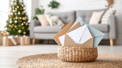 Woven basket with envelopes, in brown, white, and blue, representing Christmas greetings and correspondence against a blurred living room backdrop with copy space