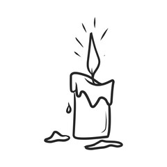 Dripping wax candle with flame sparks outline hand-drawn illustration