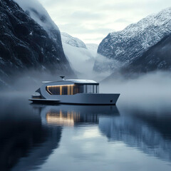 A boat is floating on a lake with mountains in the background. The boat is small and white, and it is surrounded by fog. Scene is calm and serene, with the boat being the only object in the scene