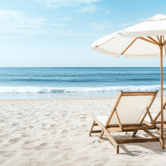 A beach scene with a white umbrella and two lounge chairs. Scene is relaxing and peaceful