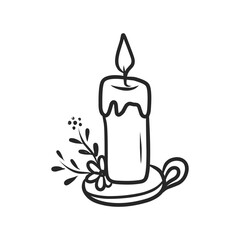 Hand Drawn Doodle of a Burning Candle on a Dish with Floral Decoration