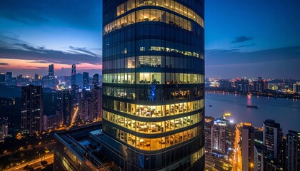 panoramic view a towering glass skyscraper, where office lights reveal business professional