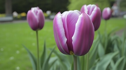 Fototapeta premium Close up blooming purple tulip flower in green garden backdrop.