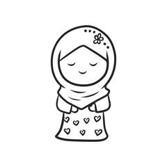 Cute hand-drawn girl in hijab with floral accent outline illustration