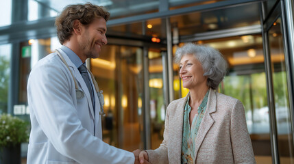Male doctor opening glass door and greeting happy senior woman with handshake at hospital entrance, under gentle natural light, highlighting warm welcome and professional setting, 