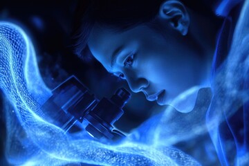 A young researcher intently uses a microscope, surrounded by glowing blue digital waves, symbolizing advanced scientific discovery and technological exploration.