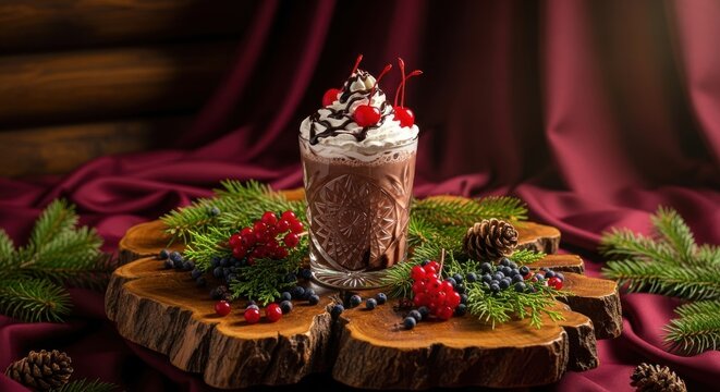 Festive chocolate milkshake topped with whipped cream, chocolate syrup, and cherries, surrounded by pine branches, berries, and pinecones on a rustic wooden display, perfect for christmas - Powered by Adobe