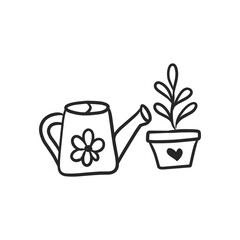 Watering can and potted plant doodle hand drawn outline illustration