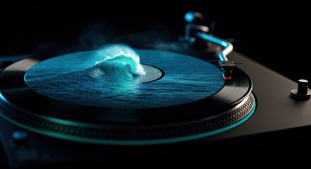 Moody image of an ocean wave integrated into a vinyl record on a turntable, set in a dark studio with dramatic lighting. Combines music and nature elements artistically.