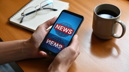 Close up of woman reading news on her smartphone with a cup of coffee, glasses and notebook on the table, selective focus