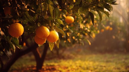 Sunlit orange orchard showcases ripe fruits among green leaves and glistening dew. Golden light enhances the scene, highlighting nature's bounty in a tranquil, cultivated landscape.