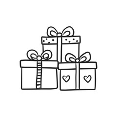 Hand Drawn Doodle of Stacked Gift Boxes with Bows and Hearts
