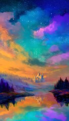 Colorful fantasy landscape with a majestic castle by a shimmering lake under a magical sky of glowing stars and luminous clouds