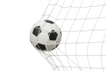 Soccer ball impacting net, scoring the winning goal during a sports game. Concept of success, achievement, and competition. Transparent background