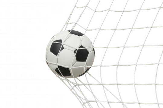Soccer ball impacting net, scoring the winning goal during a sports game. Concept of success, achievement, and competition. Transparent background - Powered by Adobe