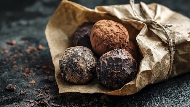 A delightful arrangement of rich, dark chocolate truffles, beautifully presented in a rustic brown paper wrap tied with natural twine. Some confections are generously dusted with fine cocoa powder, wh