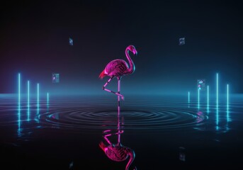 A pink bird statue stands on the water with a reflection under neon light streaks in dark and purple background.