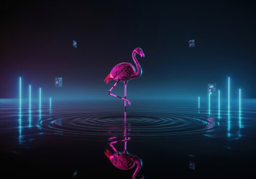 A pink bird statue stands on the water with a reflection under neon light streaks in dark and purple background.