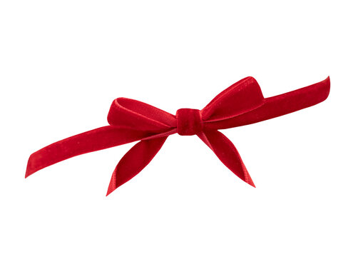 Red velvet ribbon and bow round curved shape decor element isolated on white.Christmas design, Valentine's decoration.