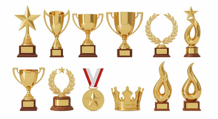 A 3d illustration of a shining golden trophy and gold cup award for the winner champion's victory and success
