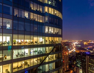 panoramic view a towering glass skyscraper, where office lights reveal business professional