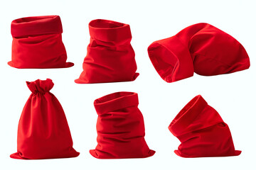 Red Santa bag isolated set, collection of Christmas xmas sack cutout.